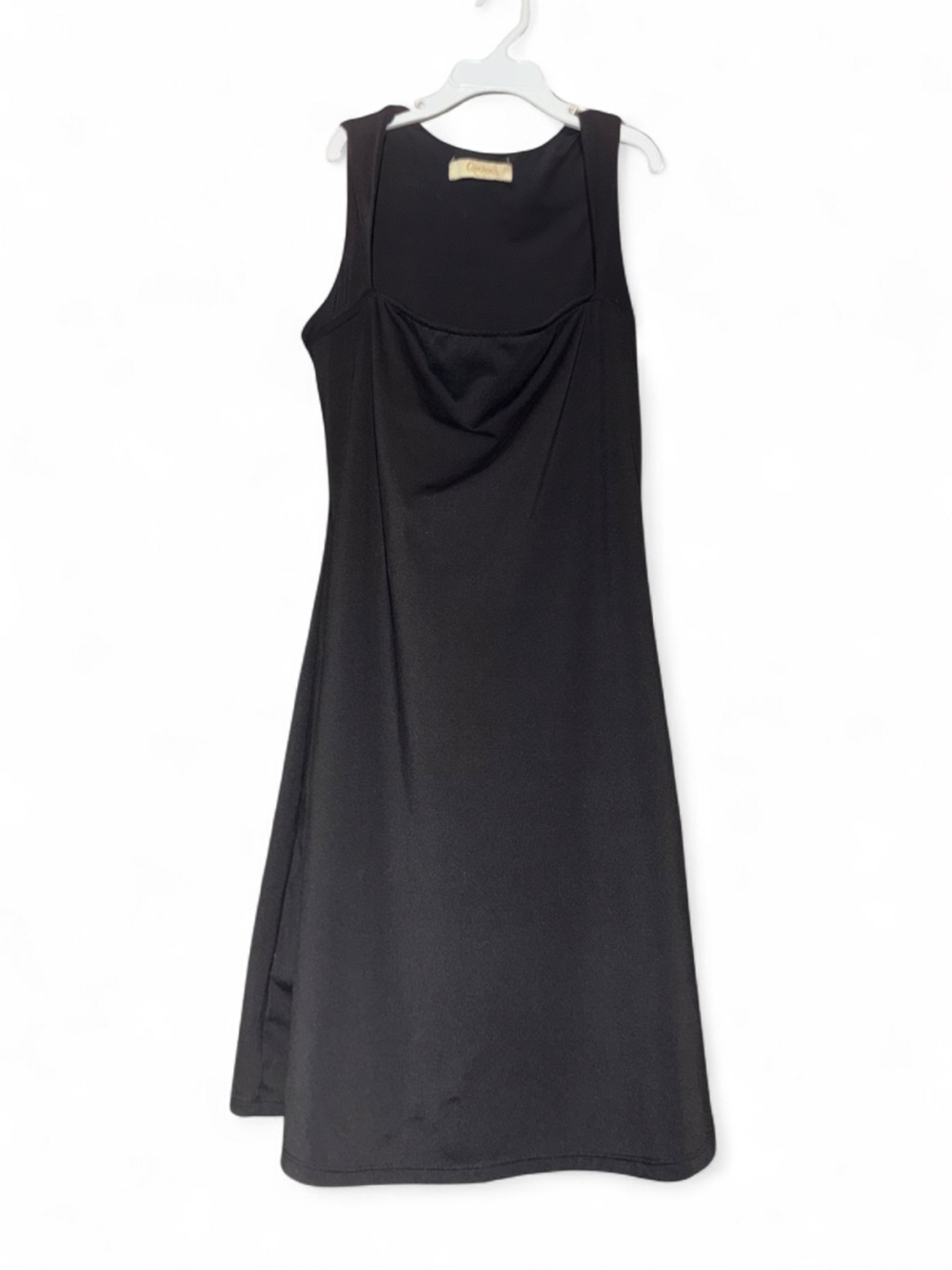 Sleek Black Midi Dress with Subtle Cowl Neck